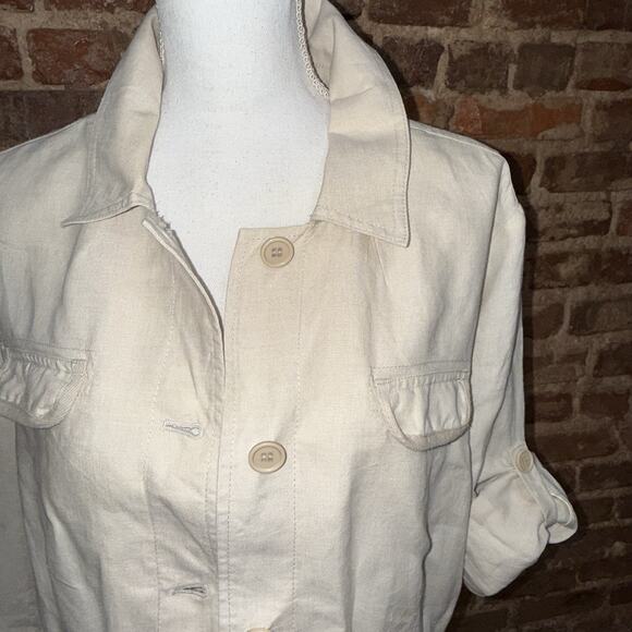 100% Linen Safari Shirt/jacket Utility Coastal Drawstring Waist Roll Tab L EUC - Picture 3 of 13